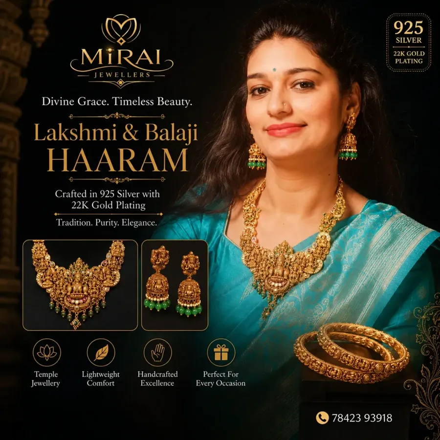 Mirai Jewellers campaign poster for the Lakshmi and Balaji Haaram, a model in a teal saree wearing the gold necklace